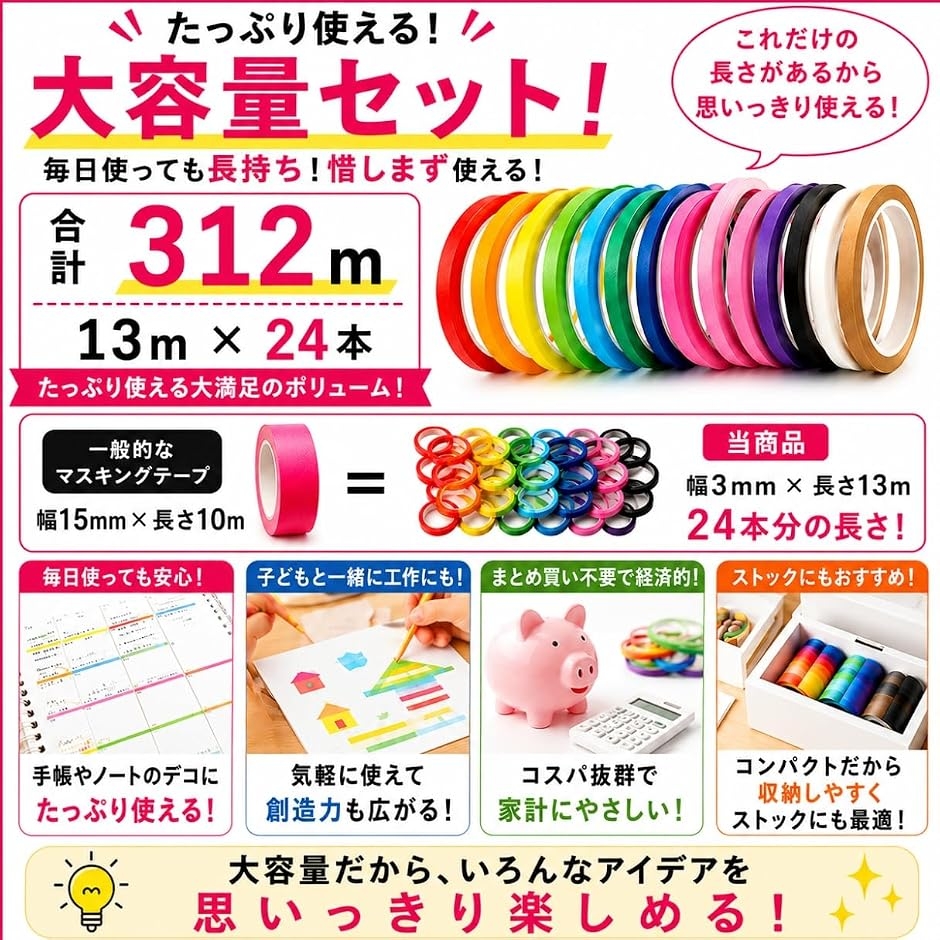 マスキングテープ 極細 3mm 12色 24本セット 大容量 手で切れる 剥がし