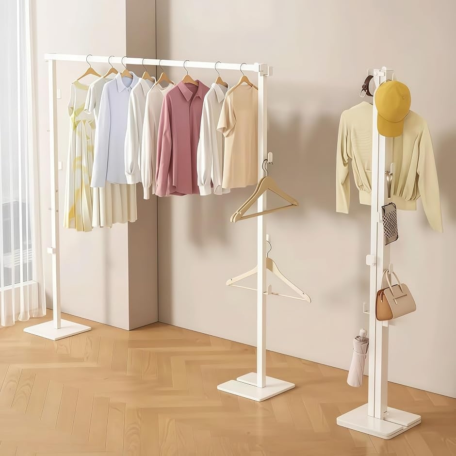 室内物干しスタンド 折り畳み 1台3役 伸縮式 3ステップ展開 - ポールハンガー 分割可能 (ホワイト,  幅80-158cm（伸縮）)