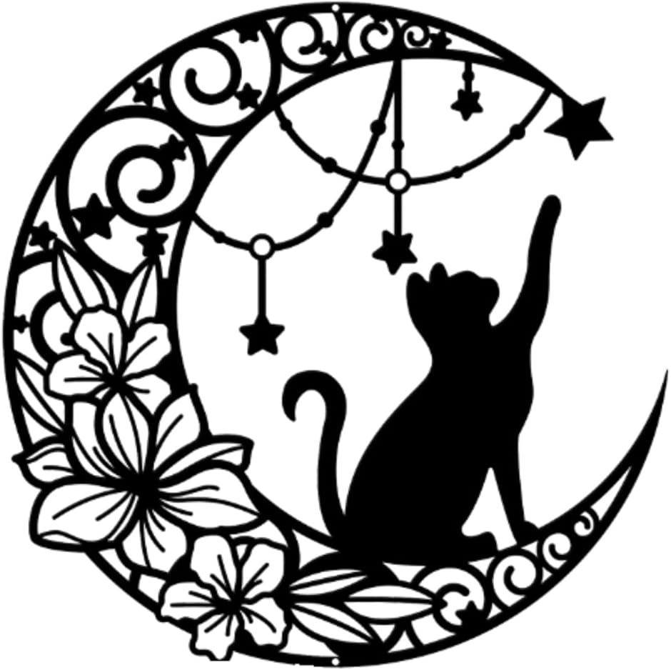 壁飾り 壁掛け インテリア ウォールアート アンティーク 北欧風 猫 星 月 モチーフ 金属 (ブラック,  大きめ)