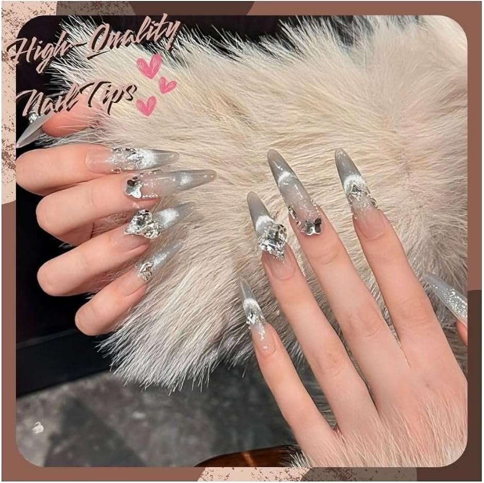 ネイルチップ つけ爪 ロング ハンドメイド 手作り nail tips シンプル 可愛い (ライトグレー, S)