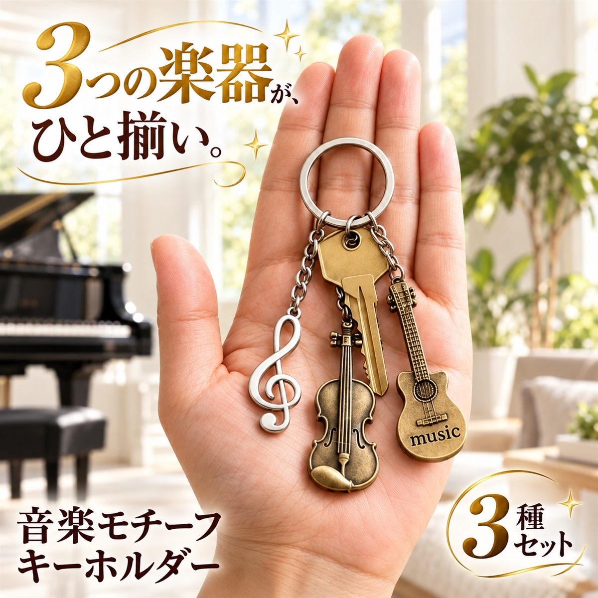 MIKIMOTO ギターと音符のキーリング、チャーム 音楽好きの心をくすぐるデザイン 音符キーホルダー ト音記号 合金 3種