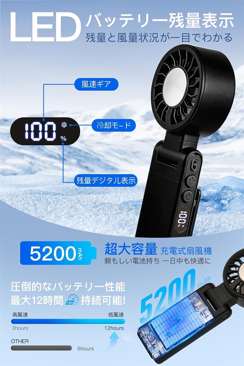 ★新品★ハンディファン 冷却プレート 強力 大風量 熱中症対策 ブラック ハンディファン 超高速暴風 1台6役 携帯扇風機 クリップ 日傘 冷却