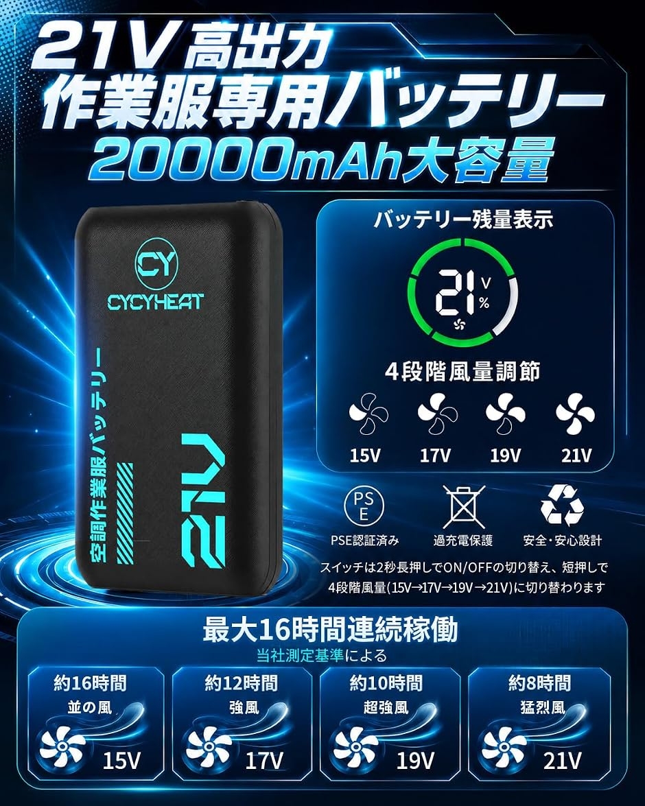 空調作業服 ファンバッテリーセット超高出力 超強風 21v 最大10時間
