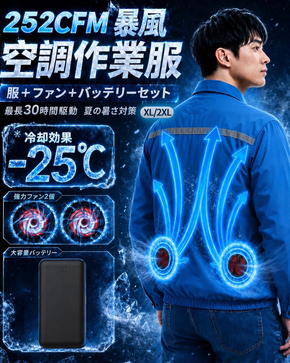 作業服長袖ファンバッテリーセット119L/s超大風量＆12V20000mAh