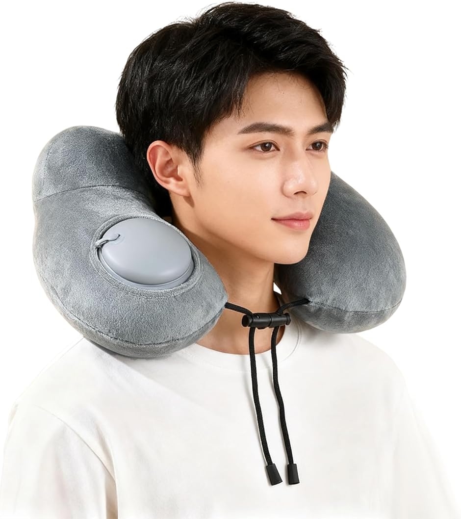 ネックピロー 首枕 U 型 空気枕 30 秒手押し急速膨張 持ち運び便利 収納ポーチ付き 洗えるマイクロベロアカバー 360° MDM (グレー)