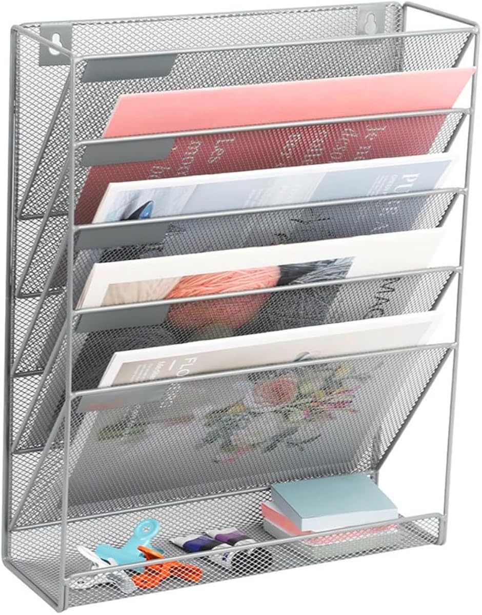 書類整理 ファイルラック 壁掛け可能 6段 本 書類収納 事務用品 A4 メッシュタイプ (シルバー,  ワンサイズ)