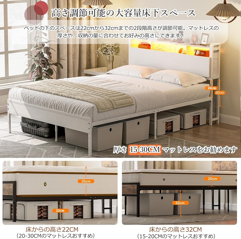 ベッドフレーム 収納宮棚付き パイプベッド コンセント付き シングル