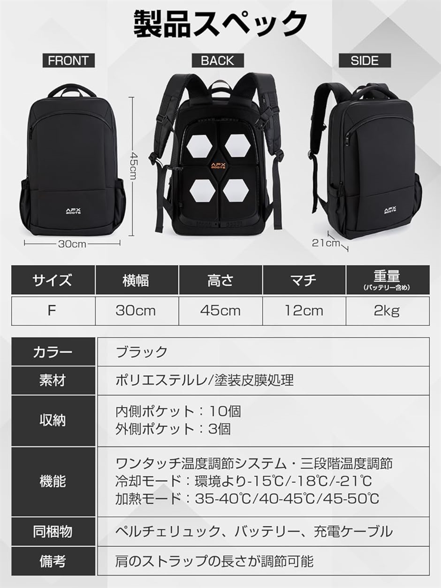 ペルチェ 冷却リュック 冷暖兼用 -21℃〜50℃温度調節可 20000mAh