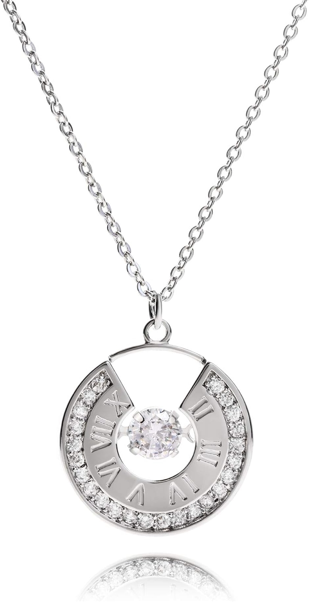 ミャオミャオ キュービックジルコニア シルバー 揺れるストーン ローマ数字 ステンレス ネックレス ポーチ(シルバー,  ワンサイズ)