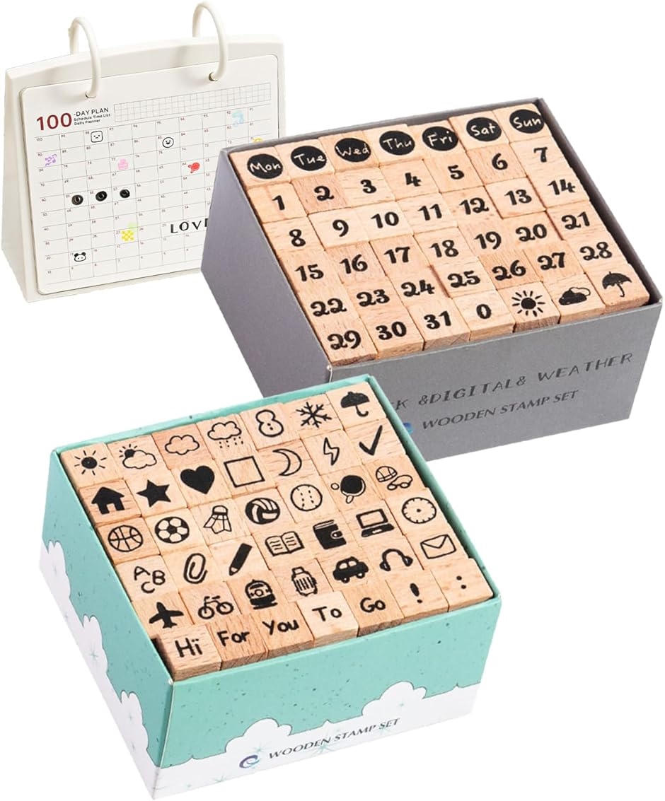 メタル製カレンダー型スタンプ 木製スタンプ はんこ 84個セット ゴム印 カレンダー 数字 曜日 日付
