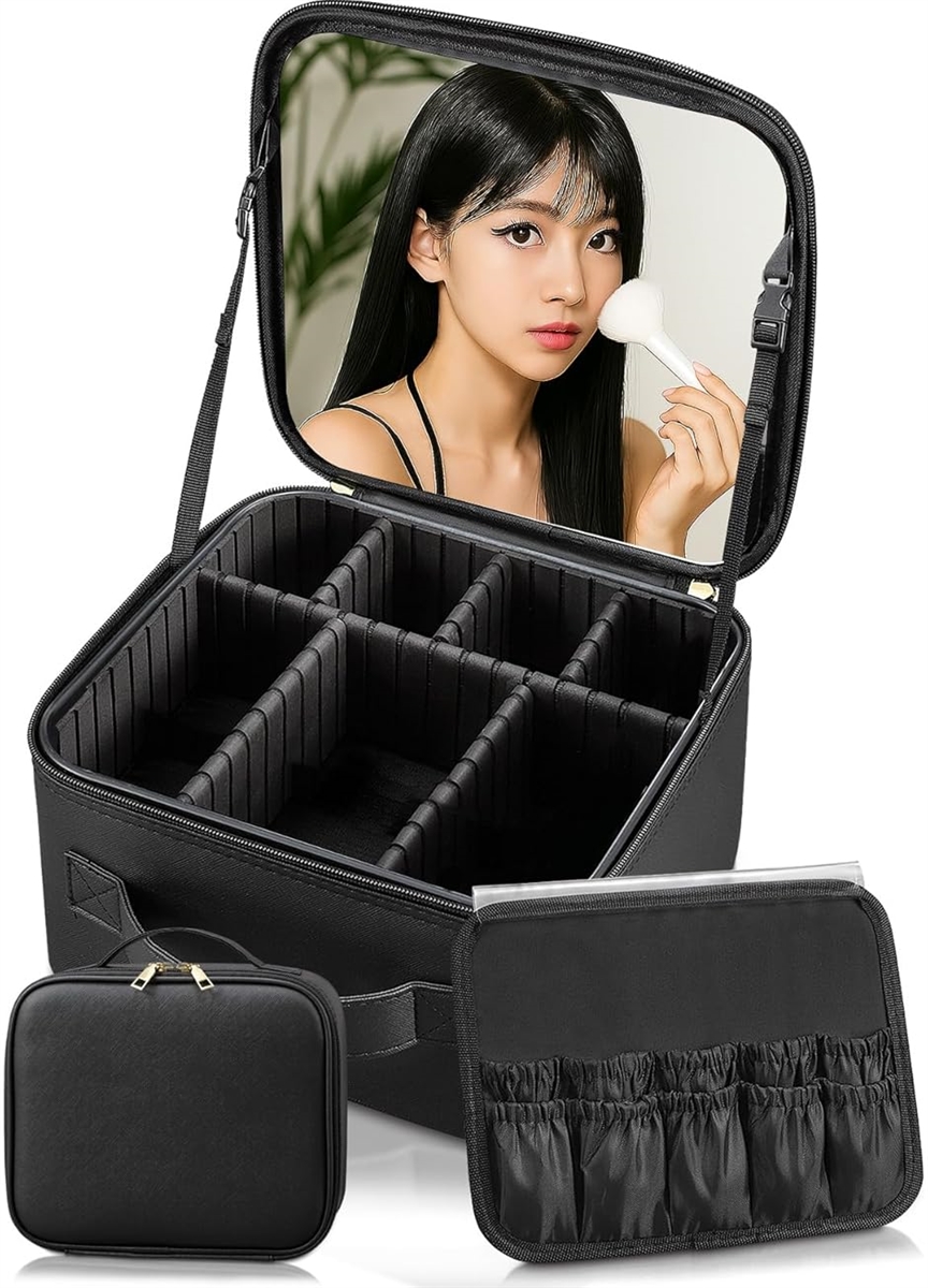 プロ用　持ち運び式　メイクボックス　キャリーケース　ブラック　女優ミラー メイクボックス 鏡付き 大容量 プロ仕様 ワイドミラー 持ち運び 取っ手