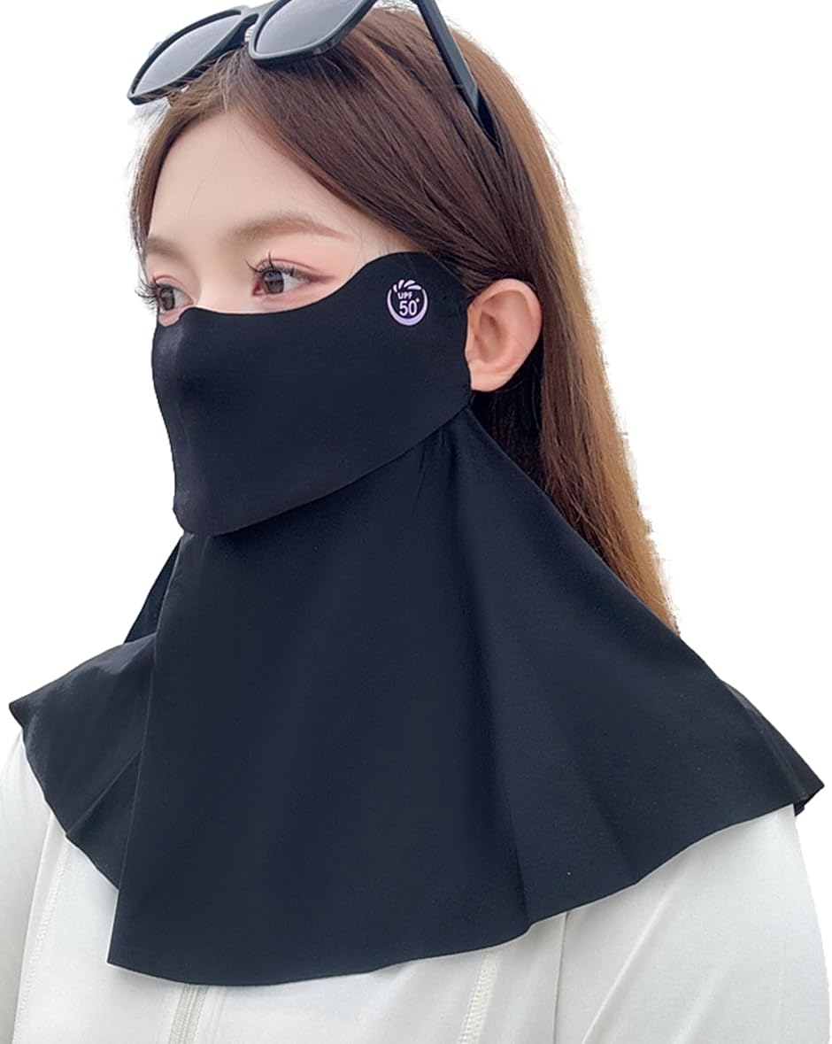 接触冷感 マスク 日焼け 日除け 熱中症 防止 紫外線 UV カット 対策 首 胸元 襟足 フェイス カバー アウトドア (ブラック)