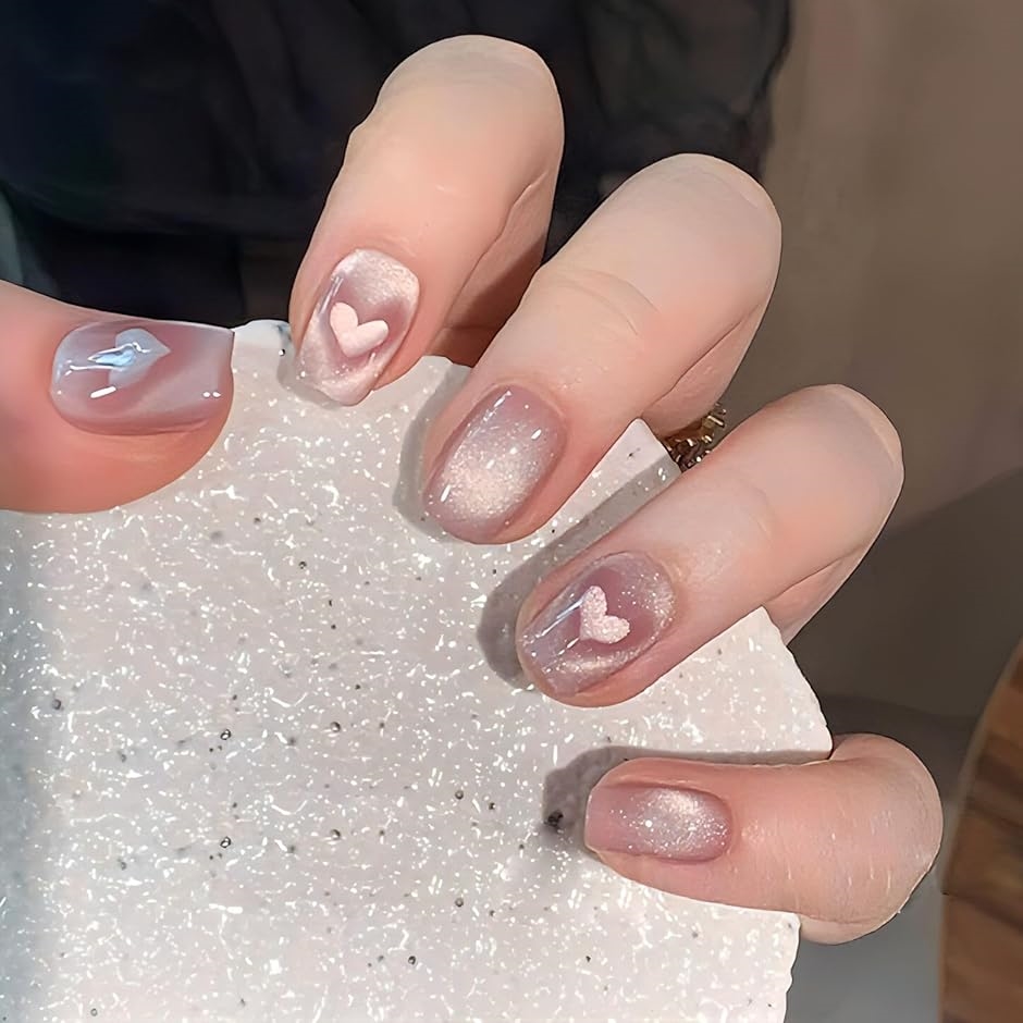 【Yahoo!ランキング1位入賞】ネイルチップ ハート 韓国 ギャル 可愛い フレンチ つけ爪 nail グッズ (ピンク, ショート)