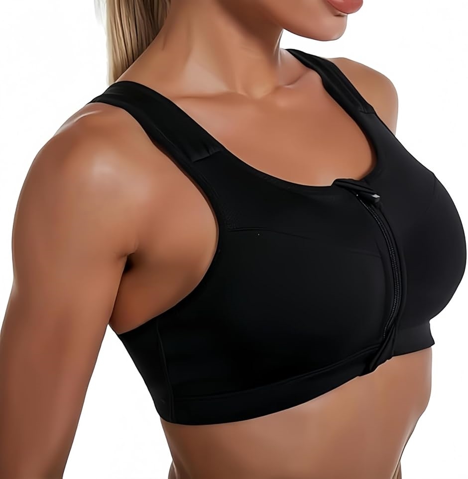 スポーツブラジャー ノンワイヤー ナイトブラ スポブラ 揺れない 大人 前開き ヨガウェア トップス 大きいサイズ(ブラック,  L)