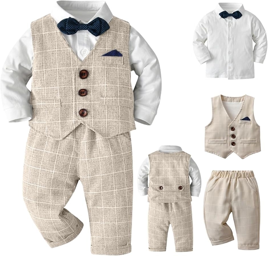 男の子 キッズ スーツ フォーマル セットアップ ベスト 初節句 結婚式 七五三 お宮参り 子供服 ベビー服 (ベージュ,  110)