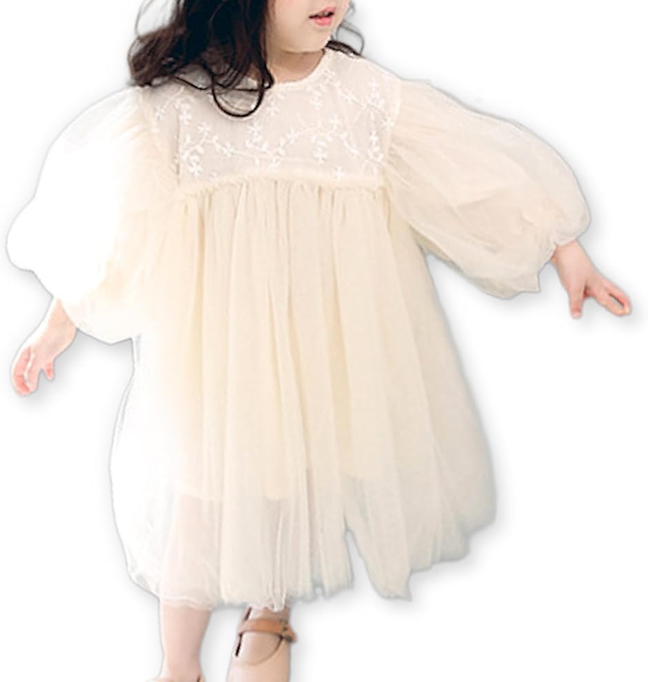 キッズ ワンピース チュールレース ベビー ドレス フォーマル バルーン袖 結婚式 誕生日 お出かけ ハロウィン 子供用(110cm)