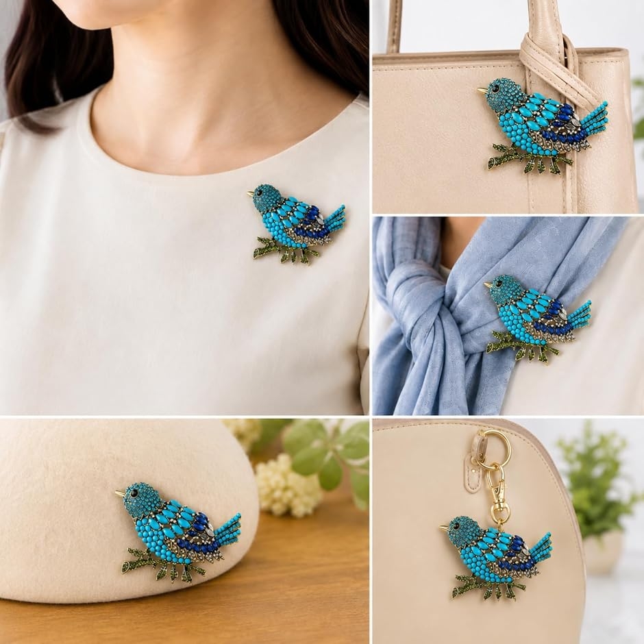 ブローチ 鳥 青い鳥 バッグチャーム レディース トルコブルー 大きめ