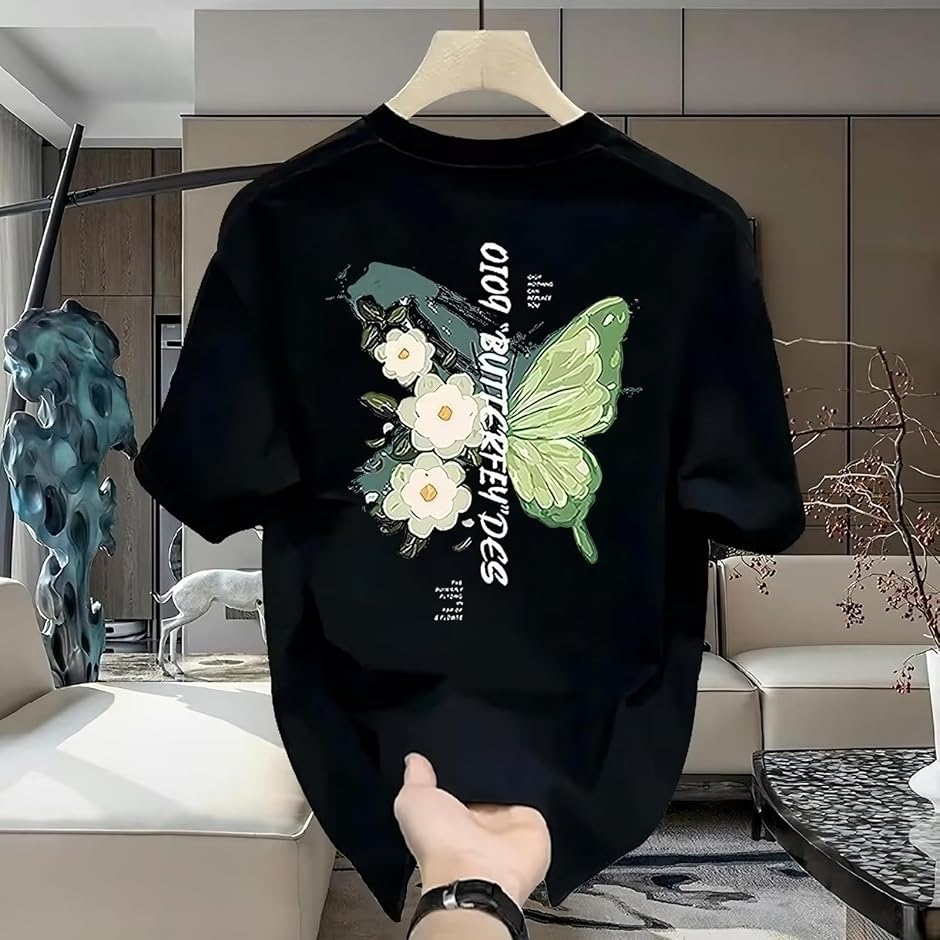 T シャツ バック プリント 蝶 花 ボタニカル柄 半袖 カジュアル