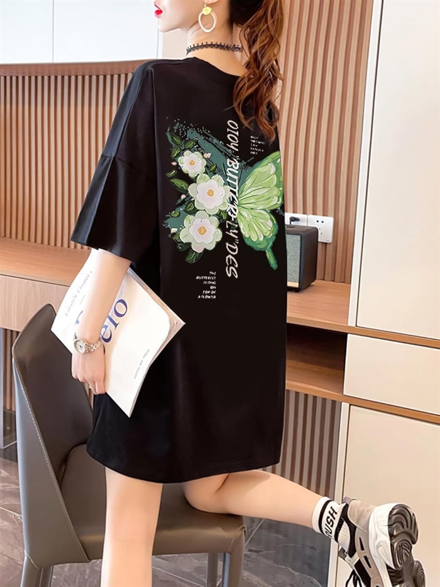 T シャツ バック プリント 蝶 花 ボタニカル柄 半袖 カジュアル