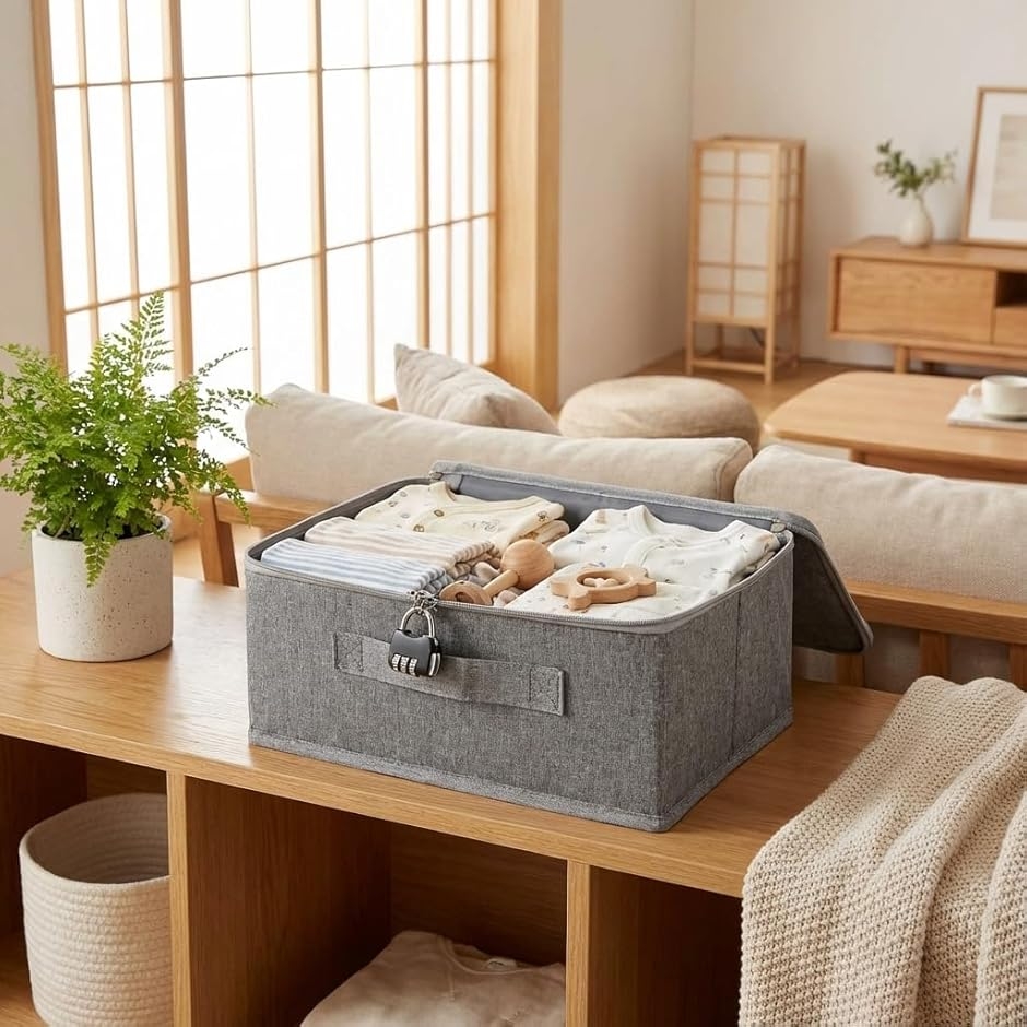衣類収納ボックス 収納ケース 布製 蓋付き 鍵付き (グレー, Sサイズ