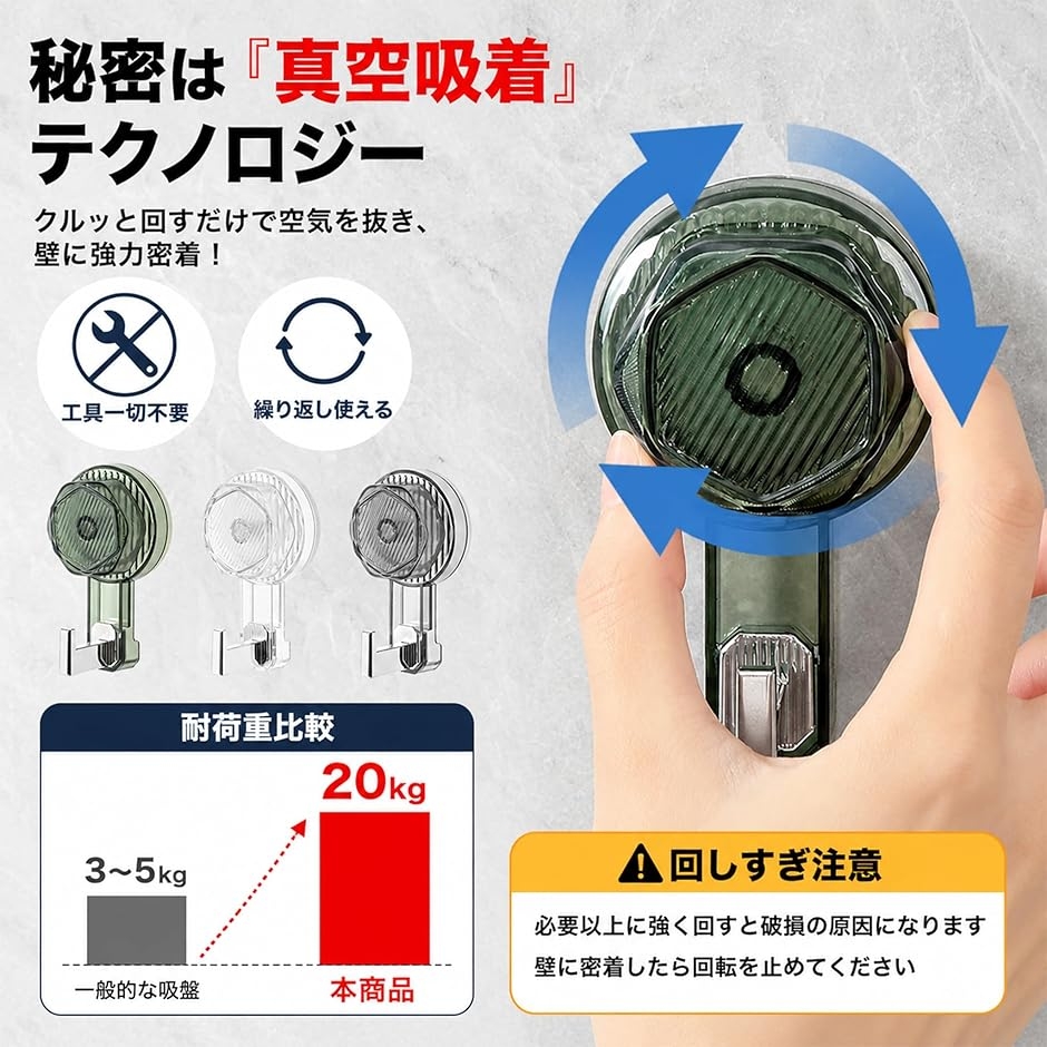 超強力 吸盤 フック 3個セット 真空 耐荷重20kg 壁 傷つけない