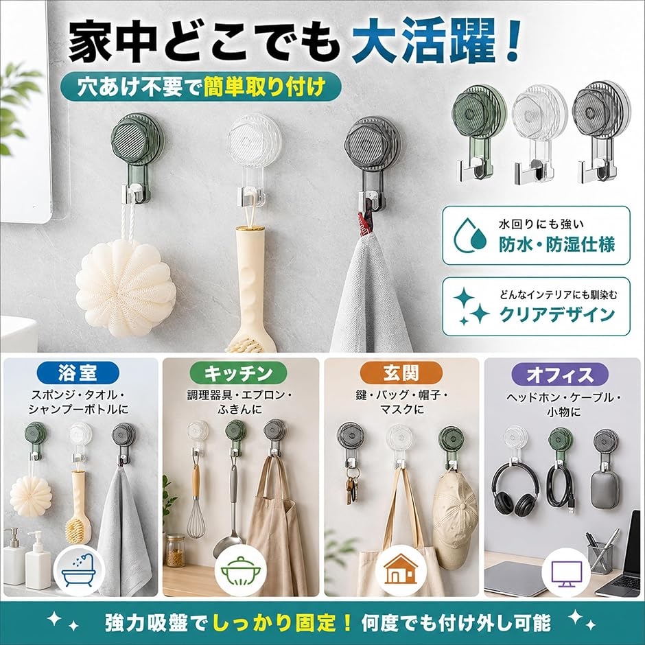 超強力 吸盤 フック 3個セット 真空 耐荷重20kg 壁 傷つけない