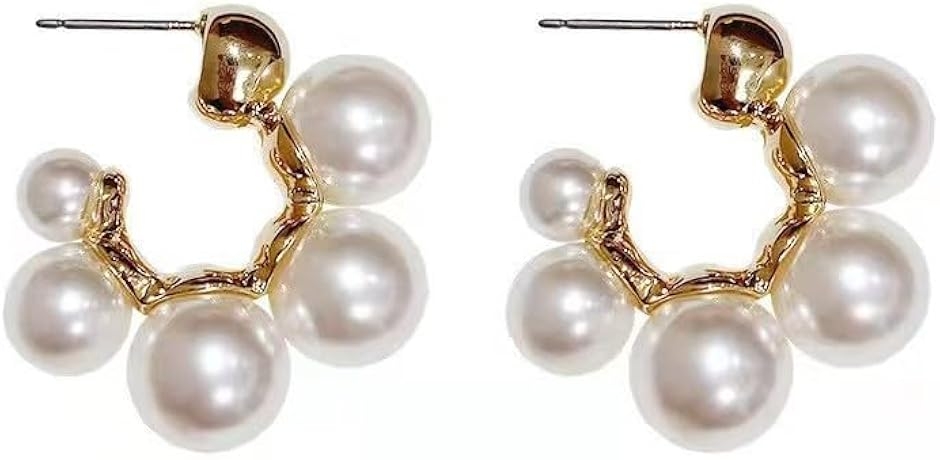ピアス パールリング レディース 両耳 フープ かわいい プチプラ 耳たぶ アクセサリー (ホワイト|ゴールド,  中)