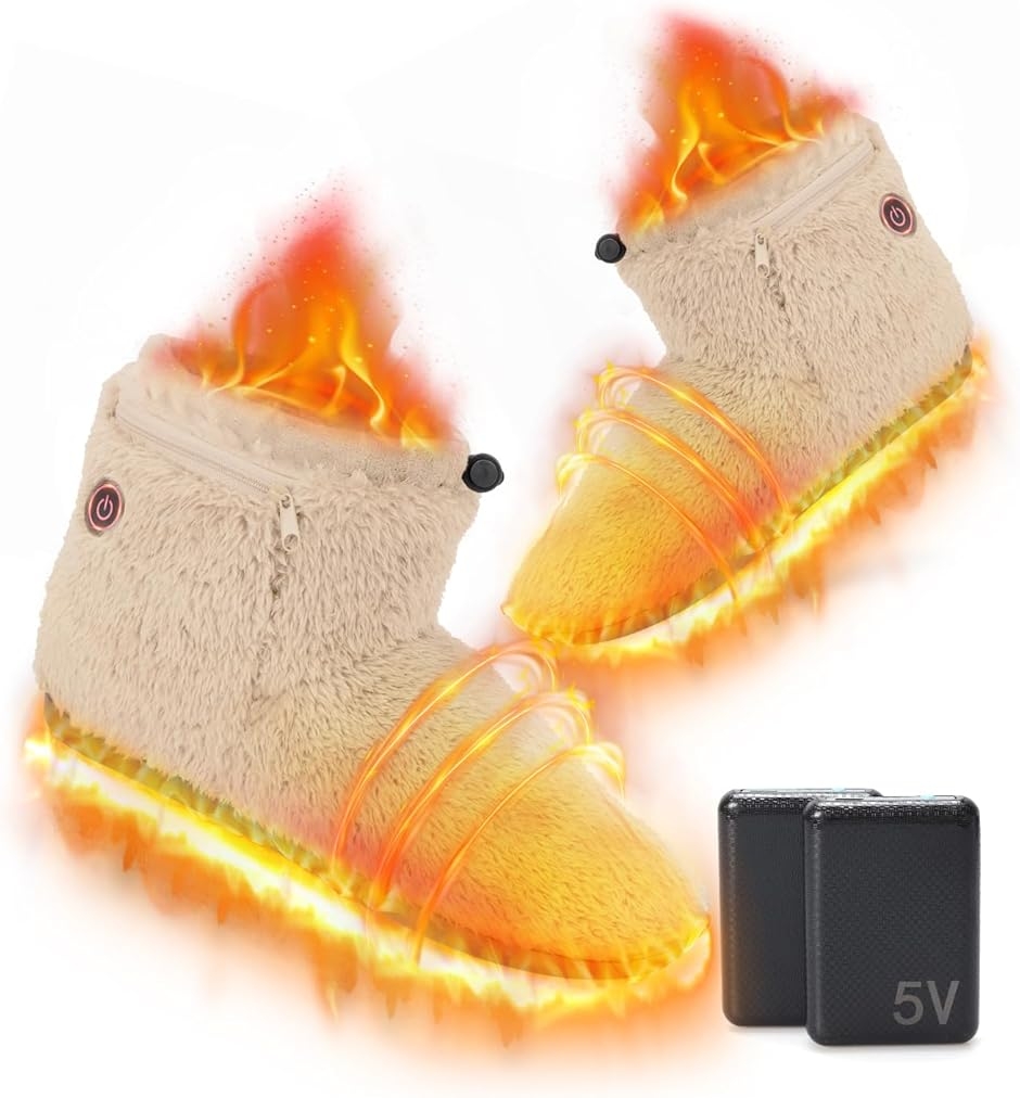 電気スリッパ 足温器 8秒で速暖 フットウォーマー 6000mAhx2個 バッテリー付き (ベージュ,  M(22.5-25.5cm))