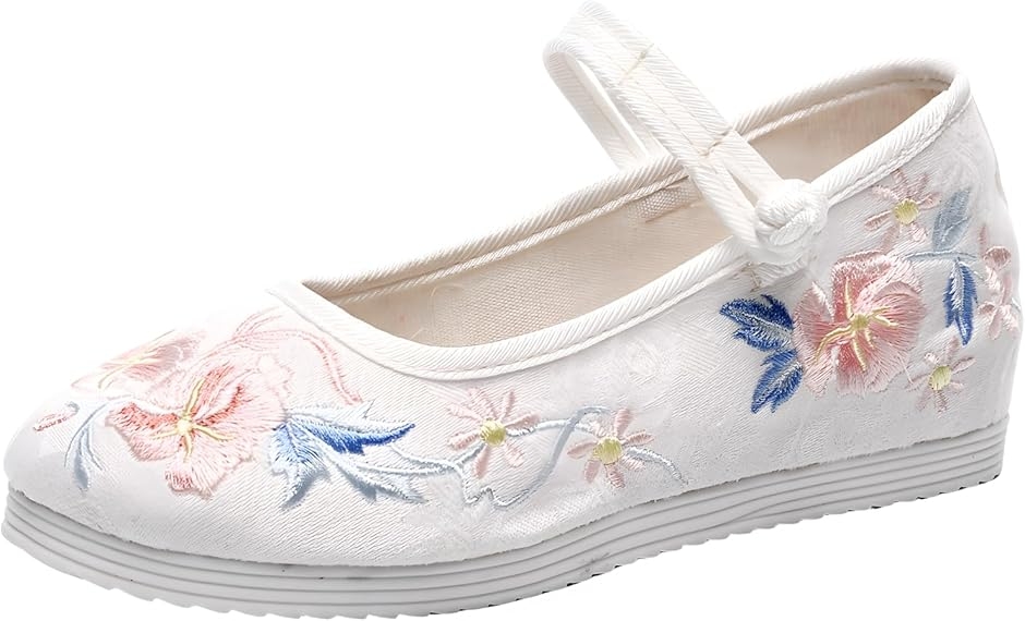 チャイナシューズ 刺繍 フラットシューズ レディース 漢服 中華靴 中国靴 民族衣装 カンフーシューズ (ホワイト,  24.5 cm) | ブランド登録なし
