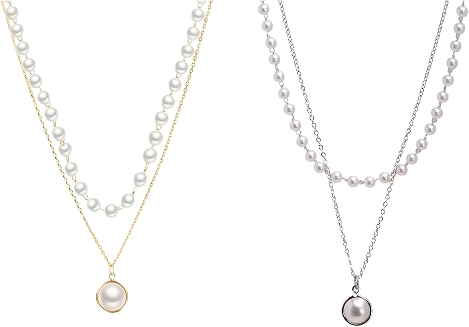 真珠 パール あずきチェーン ネックレス チョーカー レディース (ゴールド シルバー / 2本セット,  フリーサイズ)