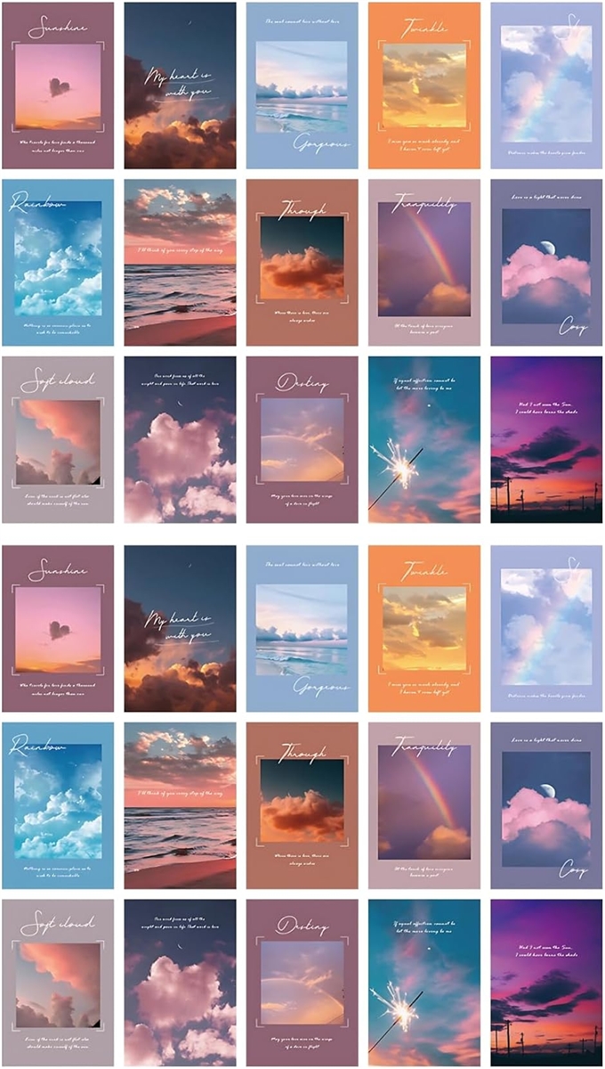 おしゃれで可愛い ポストカード 15枚セット はがきサイズ 北欧 韓国 海外 インテリア 雑貨 (SkyB / 2セット30枚入り)