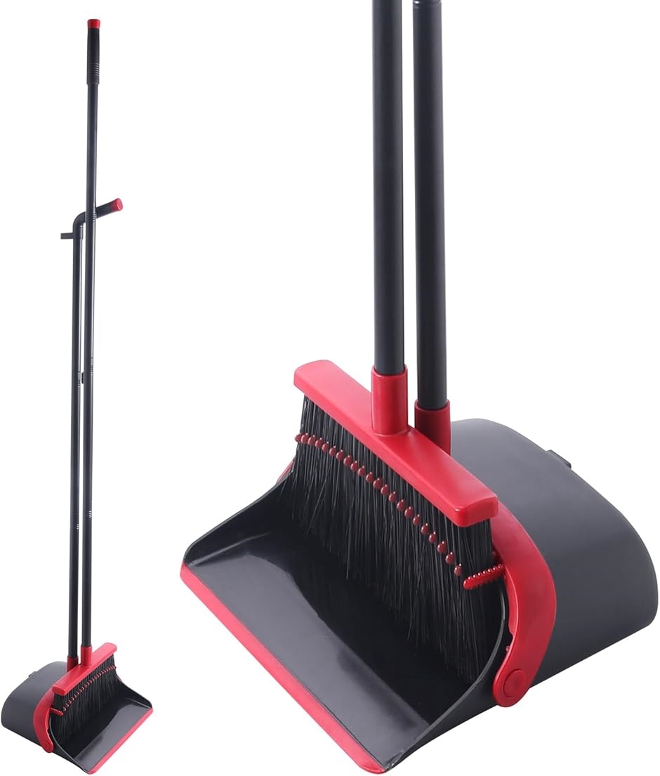 ほうき ちりとり 掃除セット 自立式 収納に便利 ロングくし付き 長柄 延長ポール付き 掃除道具 防風 MDM (ブラック,  Medium)