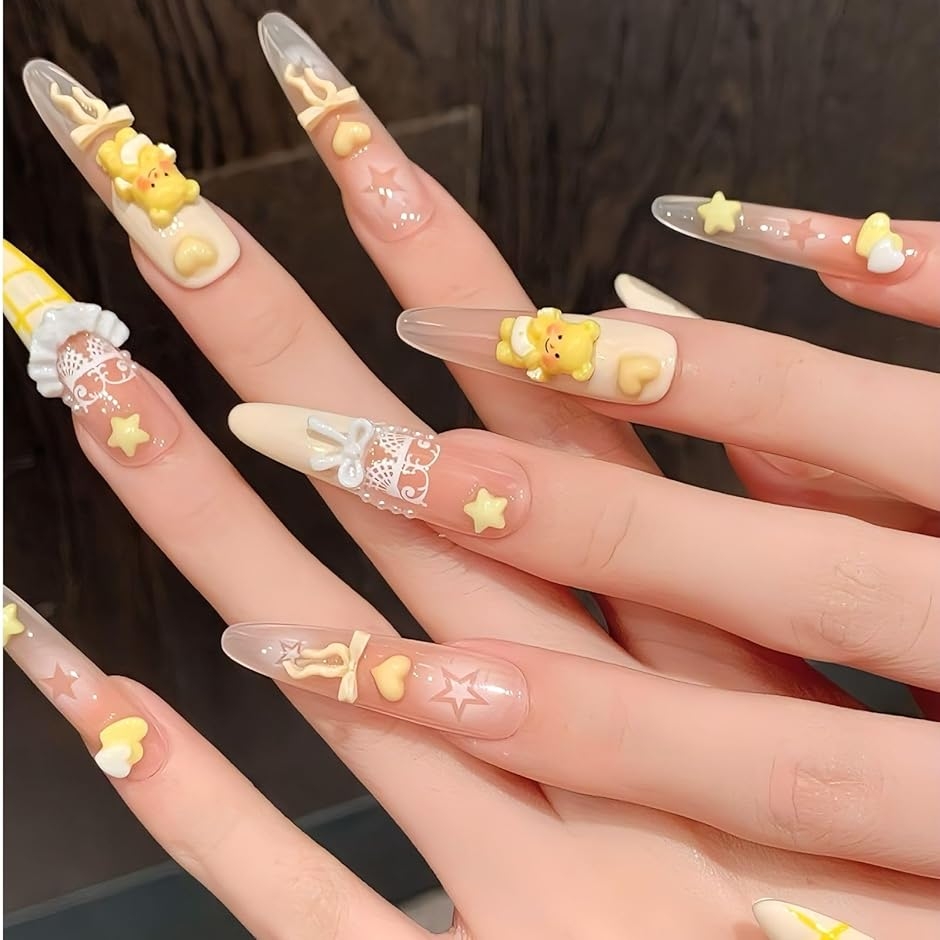ネイルチップ 黄色 つけ爪 ギャル 韓国 かわいい 地雷系 手作り イエロー シンプル アーモンド (イエロー1,  ロング)