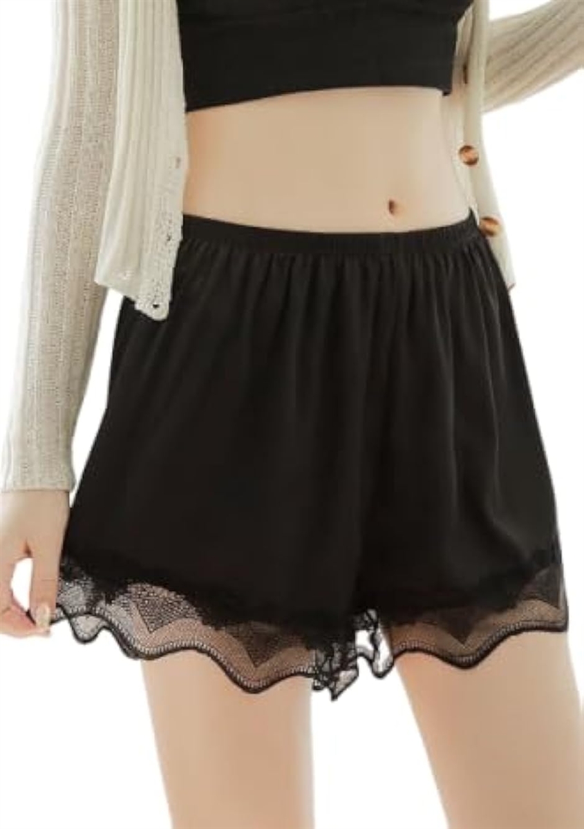 ペチパンツ サテン風 下着 ペチコート ショーツ インナー 透けない ショート丈 かわいい フリル レディース 女 (ブラック,  XL)