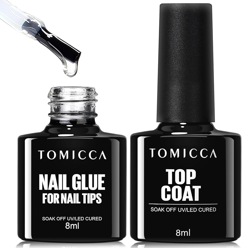 ネイルチップ接着剤 トップコートキット 8ml ジェルネイル 多機能ネイルチップ接着剤 強化ジェル 長持ち (ネイルグルー+トップコート)
