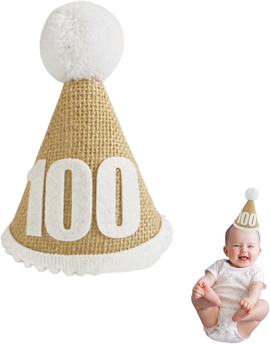 ハッピーバースデー お祝い 飾り付け 赤ちゃん 帽子 パーティー ハット 装飾 シンプル ナチュラル 撮影 小物 (ブラウン(100日))