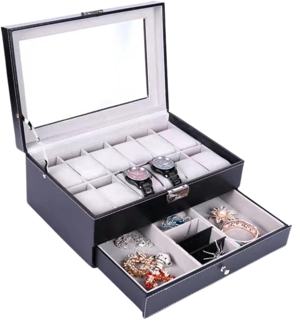 腕時計 収納 ケース 鍵 付き PU レザー ガラス 蓋 コレクション ボックス ギフト (黒,  12本小物収納付)