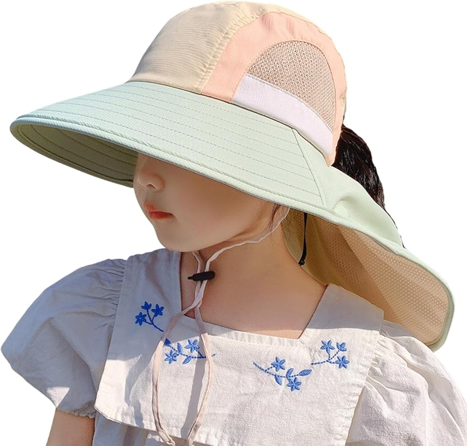 日よけ 帽子 フラップ 付き つば広 ハット キッズ ボーイズ ガールズ 3-10歳 日除け 熱中症 (グリーン,  Free Size)