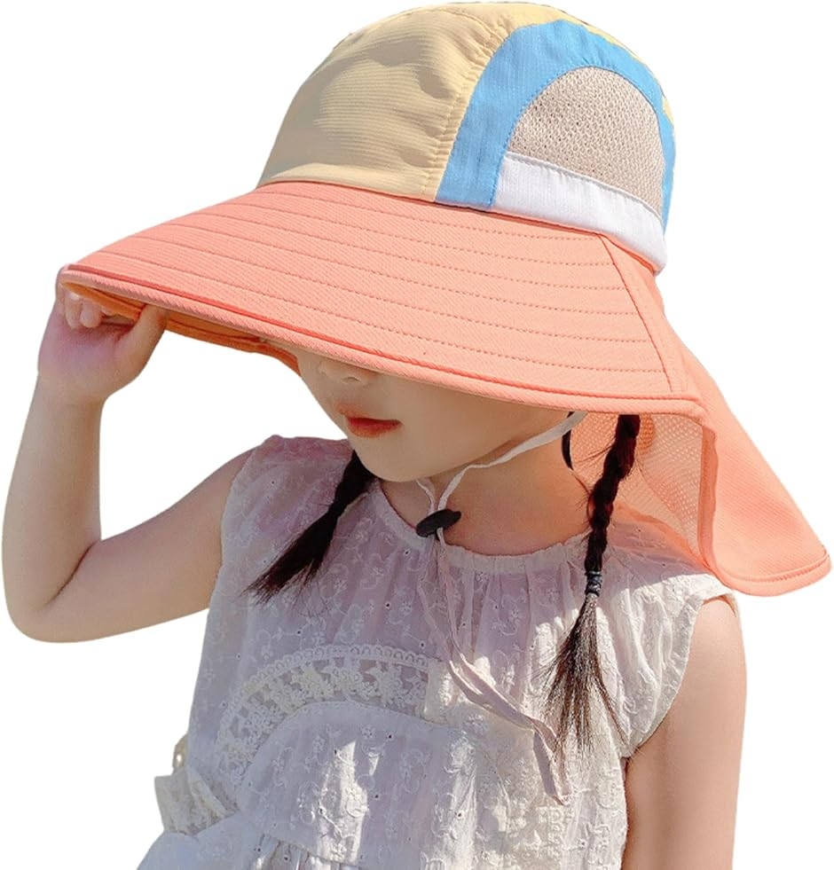 日よけ 帽子 フラップ 付き つば広 ハット キッズ ボーイズ ガールズ 3-10歳 日除け 熱中症 (オレンジ,  Free Size)