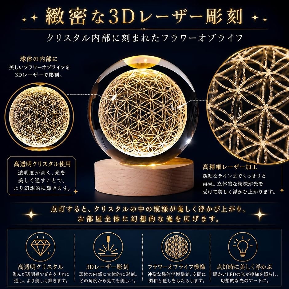 テーブルランプ クリスタル フラワー ボール 水晶玉 LED ライト 置物