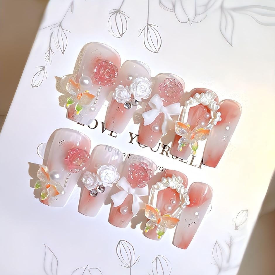 ネイルチップ ギャル 韓国 子供 付け爪 長い 可愛い バレリーナ コギャル 手作り (マルチ002,  ロング)