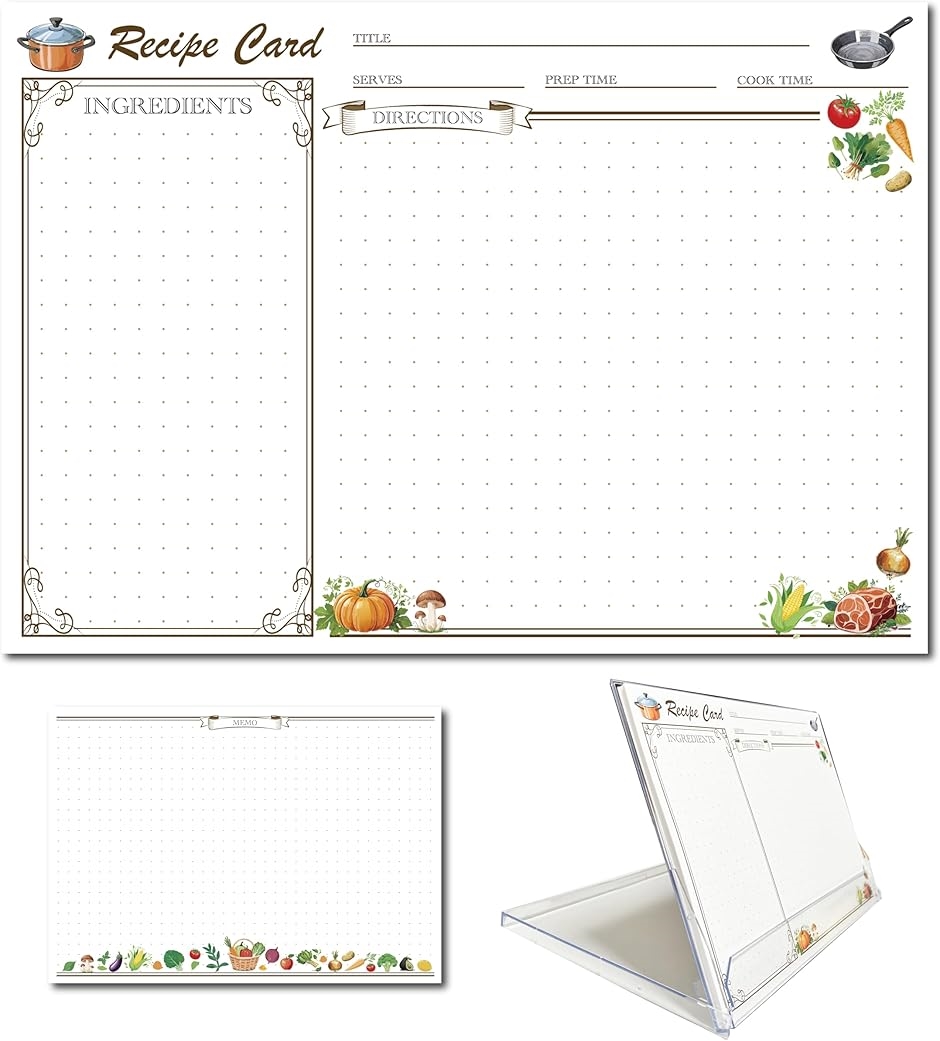 レシピカードセット 卓上スタンド付き 防水透明PETシート ラベルシール3枚付 グラグラしない 料理 (オフホワイト ブラウン,  A5)