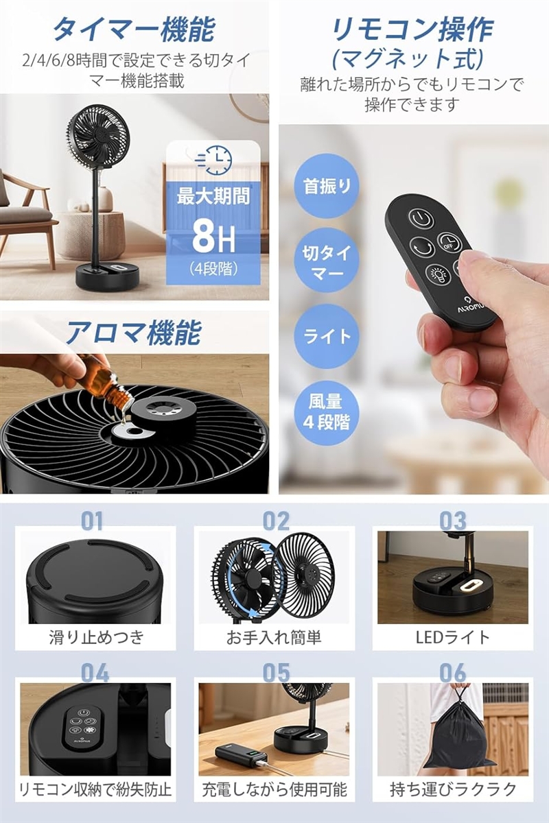 コードレス扇風機 7200mAh USB充電式 折りたたみ扇風機 DC モーター