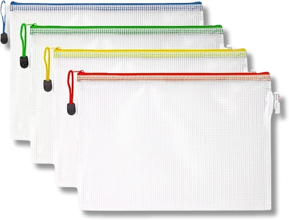 A3 ファイルケース メッシュ 書類収納 クリア ジッパー ファスナー 横開き(4枚セット(各色1枚))