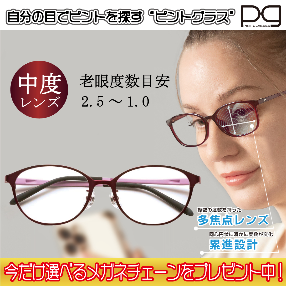 ピントグラス プレゼント付き 中度 レンズ 度数 +0.6〜+2.5D 老眼鏡 