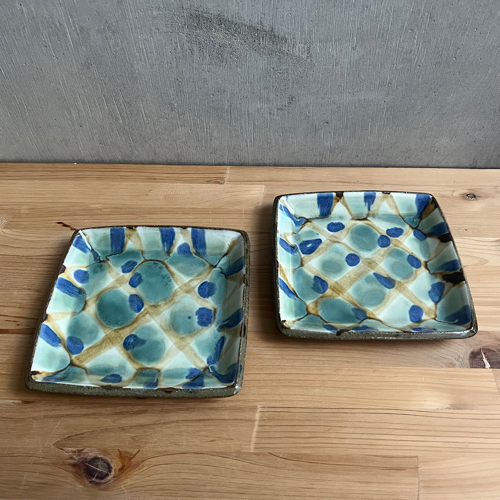 小代焼 三彩角皿 小 小代本谷ちひろ窯 格子 和食器 可愛い かわいい