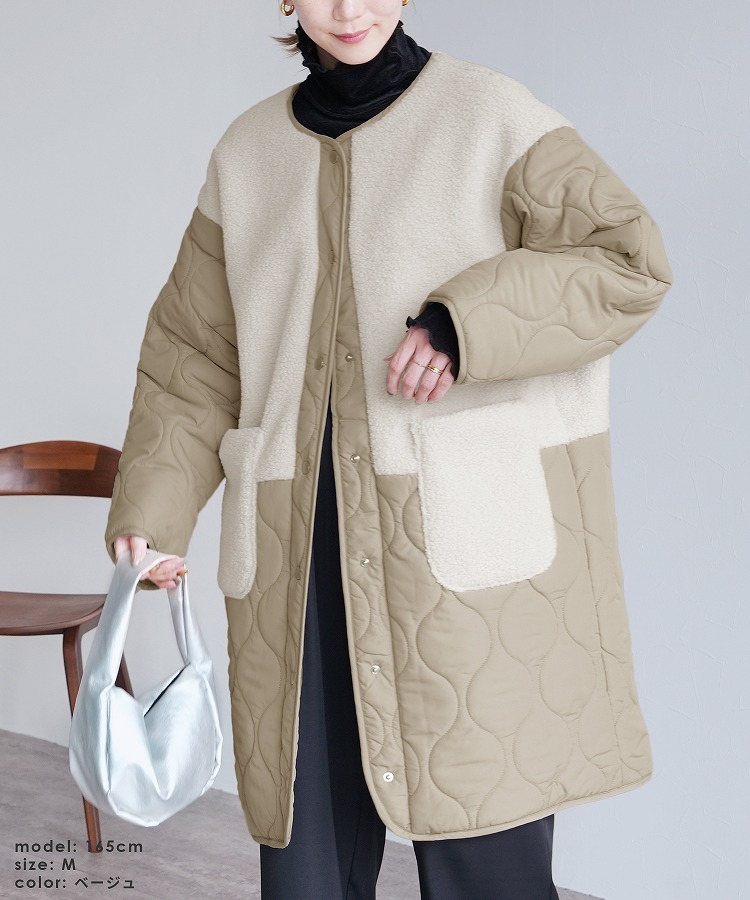 新品☆reca ノーカラーボア×ひょうたんキルトコート reca ノーカラーボア×ひょうたんキルトコート y9961 レディース