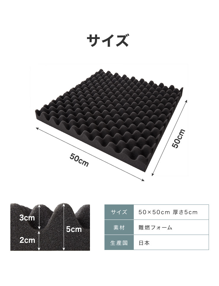 日本製 吸音材 高密度 おしゃれ ウレタン 50×50cm 厚さ5cm 5枚 難燃 波