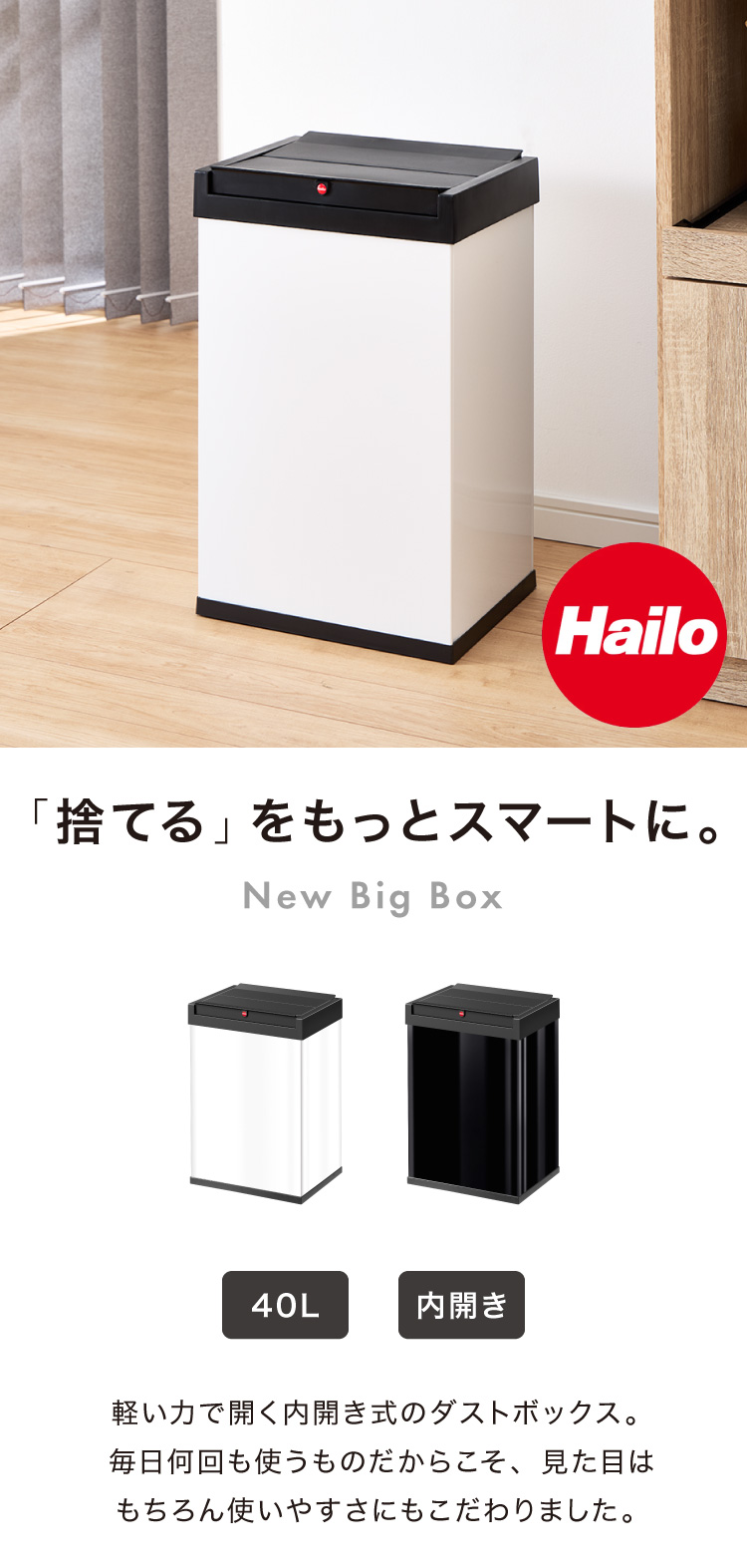 オールステンレス HAILO ハイロ ゴミ箱 ドイツ製 ニュービッグボックス40L ブラック ホワイト ふた付き 分別ゴミ箱 ダストボックス スリム  ポリ袋 代引不可