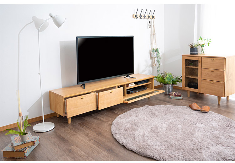 ナチュラルウッド テレビ台 ガラス扉付き　幅180 テレビボード 幅180cm 天然木 木製 テレビ台 ガラス扉 引き出し